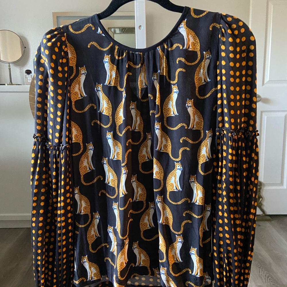 Anthropologie Black and Orange Cat Print Women's Top
